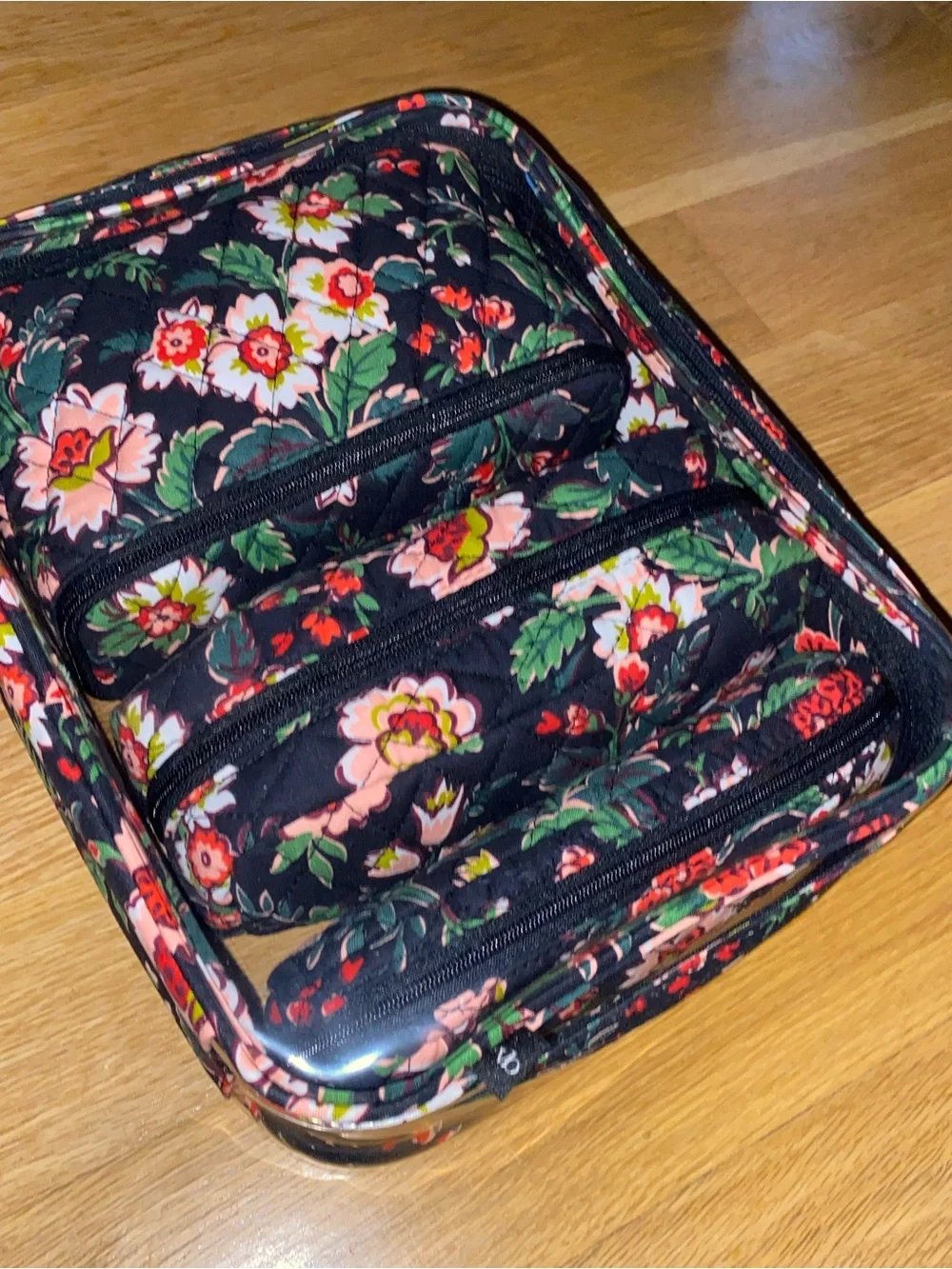 Vera Bradley 4 piece Makeup Cosmetic Pouch Travel Hidden Hearts Black Red Floral